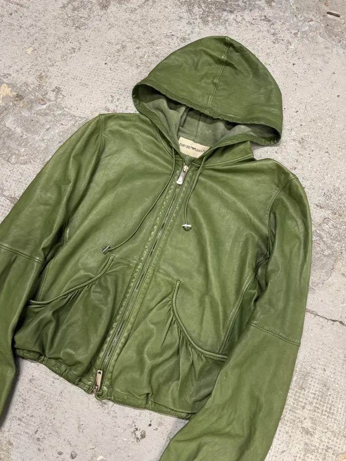 SS2005 Emporio Armani Green Leather Hooded Jacket OZPesen 1