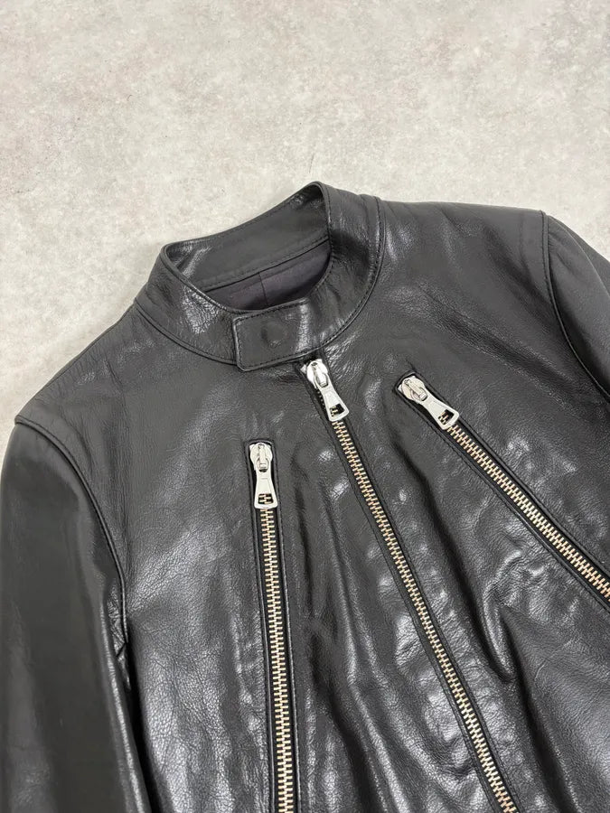 SS2005 Maison Martin Margiela Black 5 Zip Biker Leather Jacket fbdqvKq 4