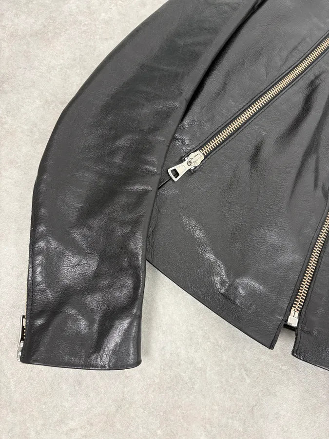 SS2005 Maison Martin Margiela Black 5 Zip Biker Leather Jacket fbdqvKq 7