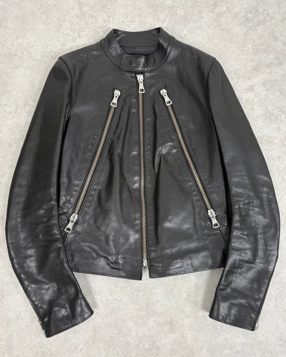SS2005 Maison Martin Margiela Black 5 Zip Biker Leather Jacket fbdqvKq 0