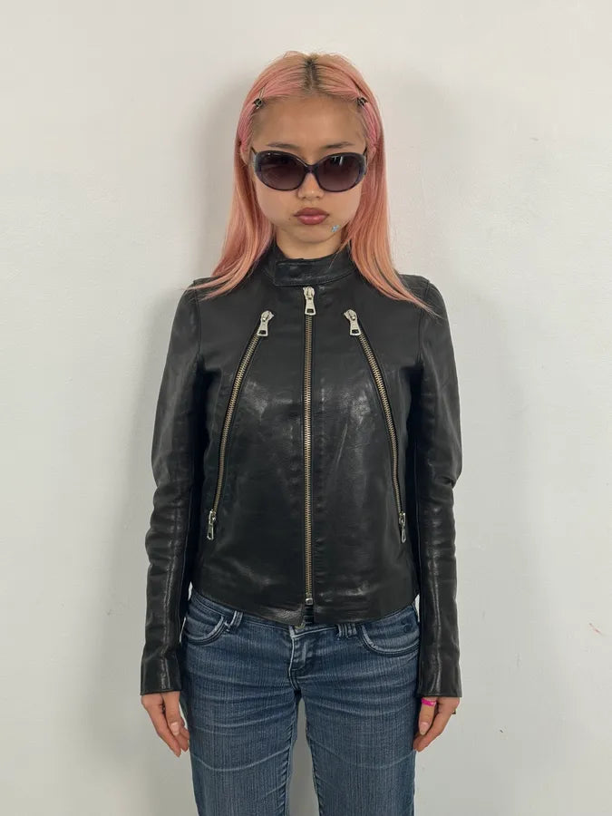 SS2005 Maison Martin Margiela Black 5 Zip Biker Leather Jacket fbdqvKq 1