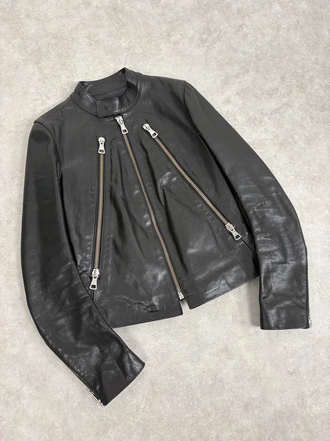 SS2005 Maison Martin Margiela Black 5 Zip Biker Leather Jacket fbdqvKq 3
