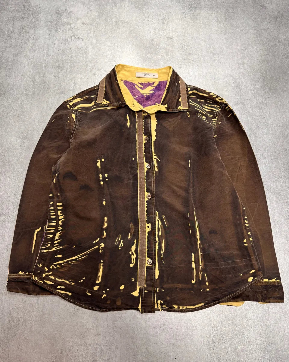 SS2005 Prada Brown Tan Screen Front & Purple Back Overprint Silk Shirt (S) AFJNZtZ 0