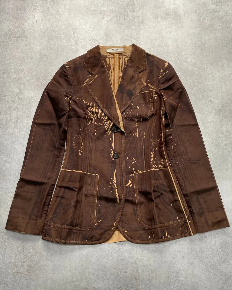 SS2005 Prada Brown Tan Screen Overprint Silk Blazer RsYbMoW 0