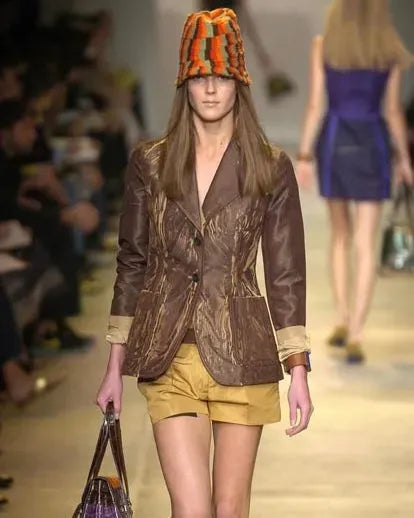 SS2005 Prada Brown Tan Screen Overprint Silk Blazer RsYbMoW 1