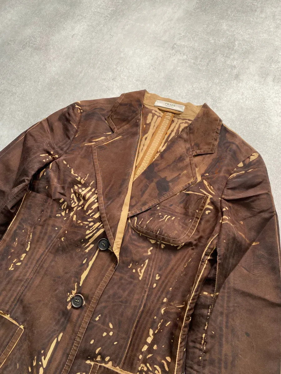 SS2005 Prada Brown Tan Screen Overprint Silk Blazer RsYbMoW 2