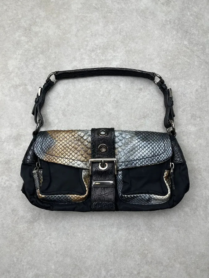 SS2005 Prada Python Black Nylon Baguette Handle Bag dyGFGbA 0