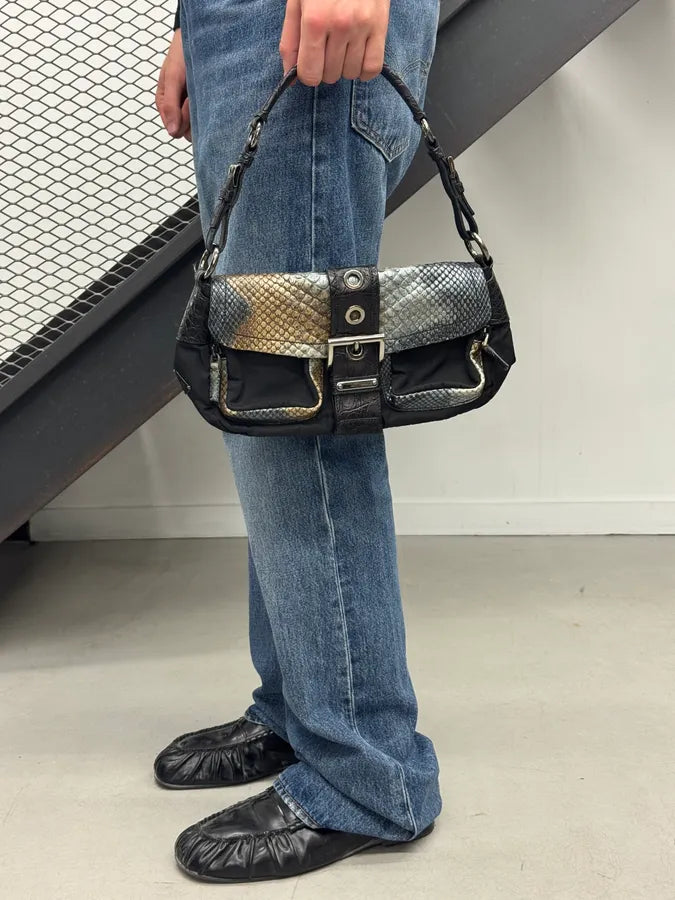 SS2005 Prada Python Black Nylon Baguette Handle Bag dyGFGbA 1