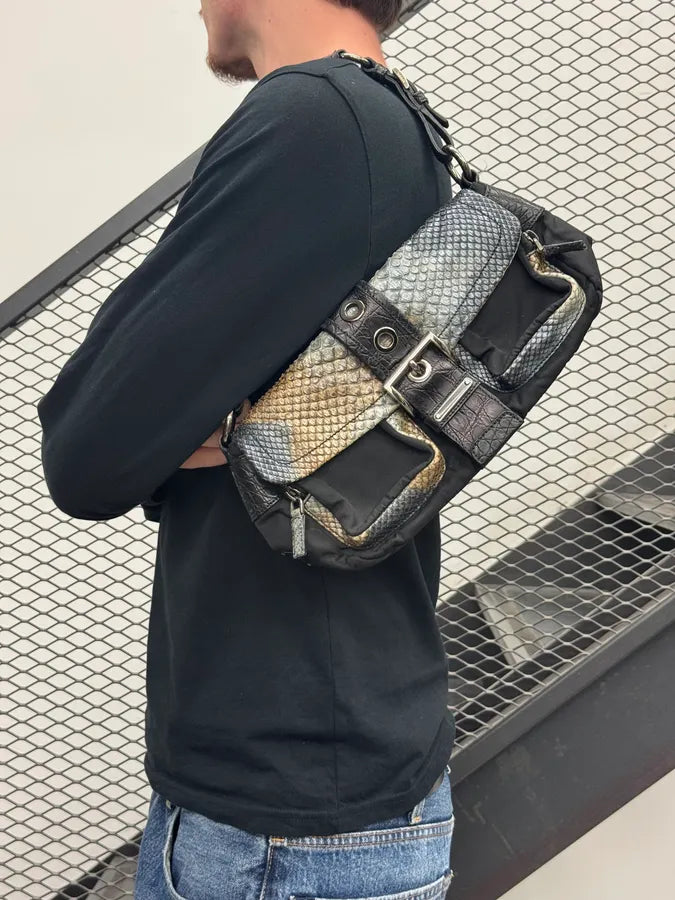 SS2005 Prada Python Black Nylon Baguette Handle Bag dyGFGbA 2