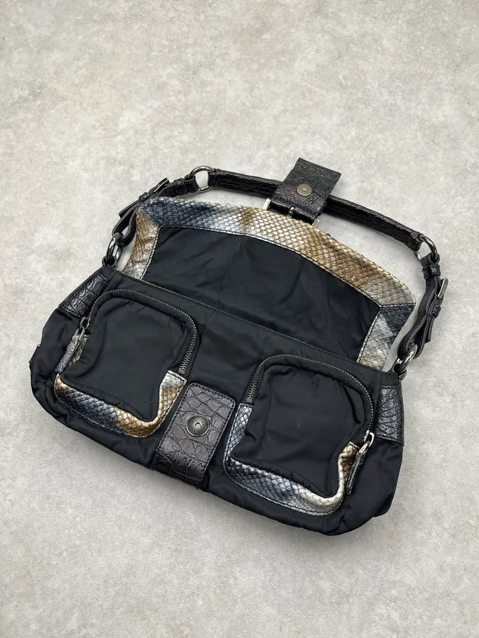 SS2005 Prada Python Black Nylon Baguette Handle Bag dyGFGbA 8