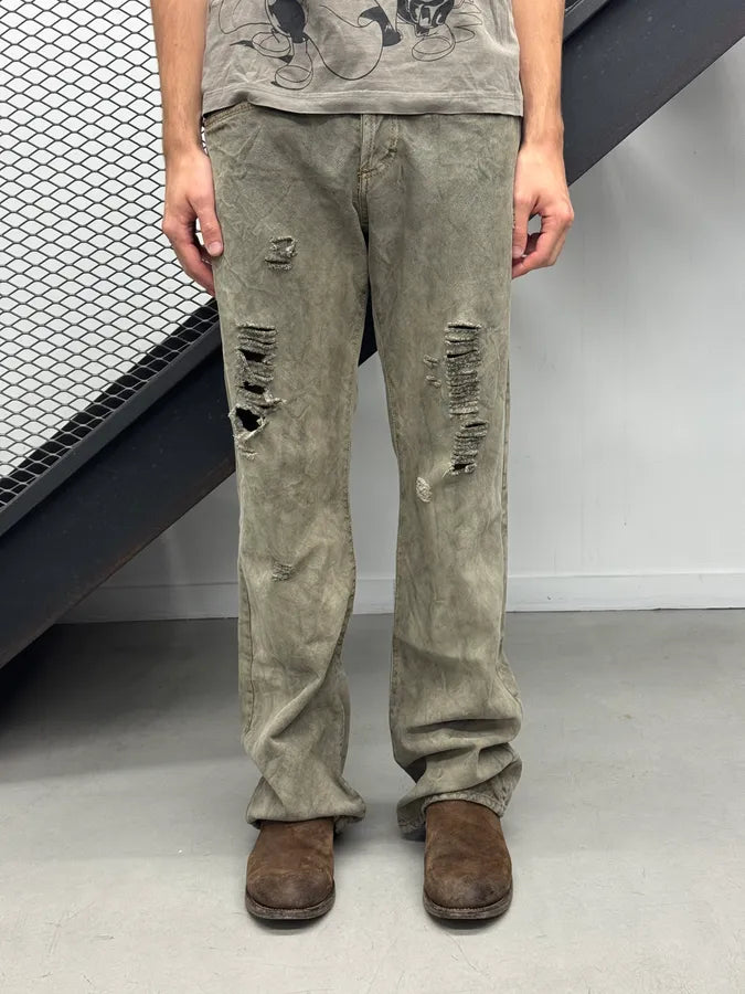 SS2006 Cavalli Dirty Effect Distressed Grey Flared Denim Jeans hkpAakA 0