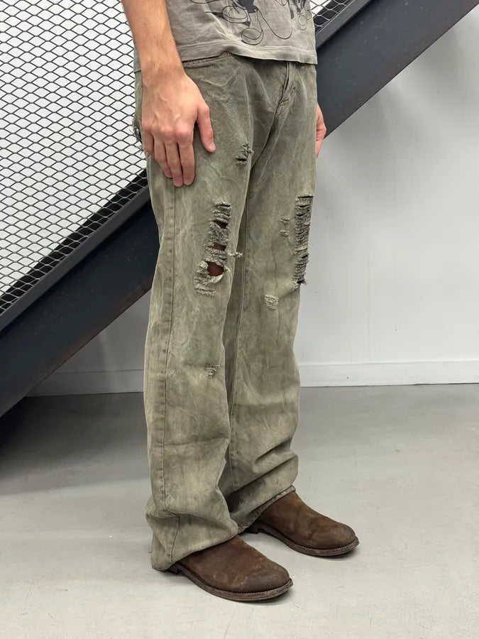 SS2006 Cavalli Dirty Effect Distressed Grey Flared Denim Jeans hkpAakA 1