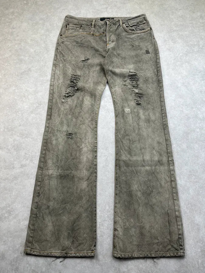 SS2006 Cavalli Dirty Effect Distressed Grey Flared Denim Jeans hkpAakA 4