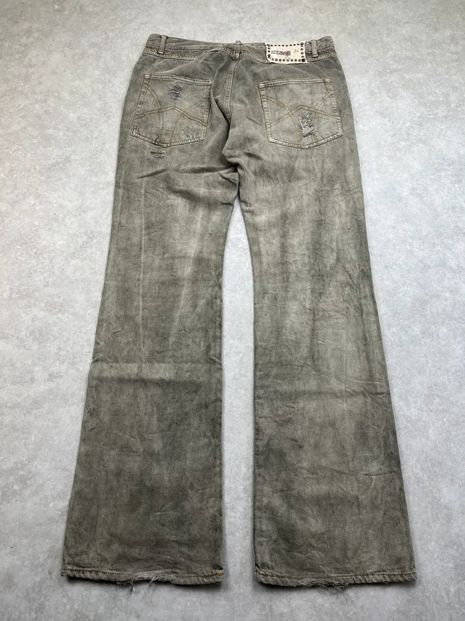 SS2006 Cavalli Dirty Effect Distressed Grey Flared Denim Jeans hkpAakA 7