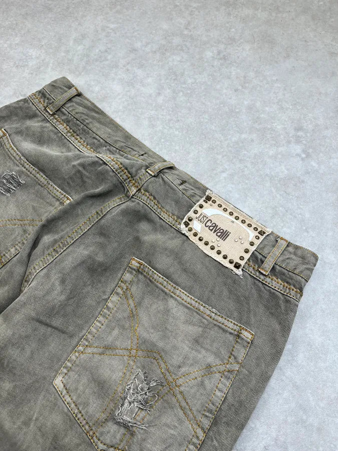 SS2006 Cavalli Dirty Effect Distressed Grey Flared Denim Jeans hkpAakA 8