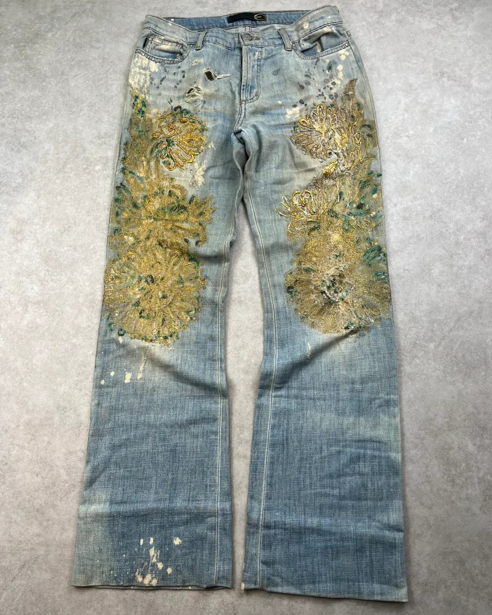 SS2006 Cavalli Painted Distressed Relaxed Royal Denim Jeans FSYVlGj 0