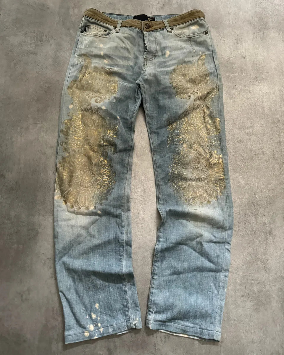 SS2006 Cavalli Painted Distressed Relaxed Royal Denim Jeans odUoJEs 0