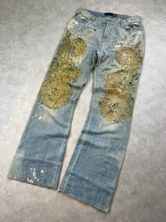 SS2006 Cavalli Painted Distressed Relaxed Royal Denim Jeans FSYVlGj 4