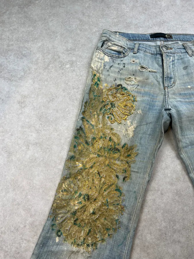 SS2006 Cavalli Painted Distressed Relaxed Royal Denim Jeans FSYVlGj 6