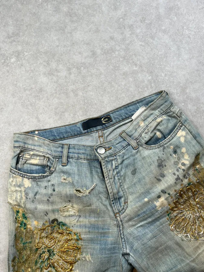 SS2006 Cavalli Painted Distressed Relaxed Royal Denim Jeans FSYVlGj 5