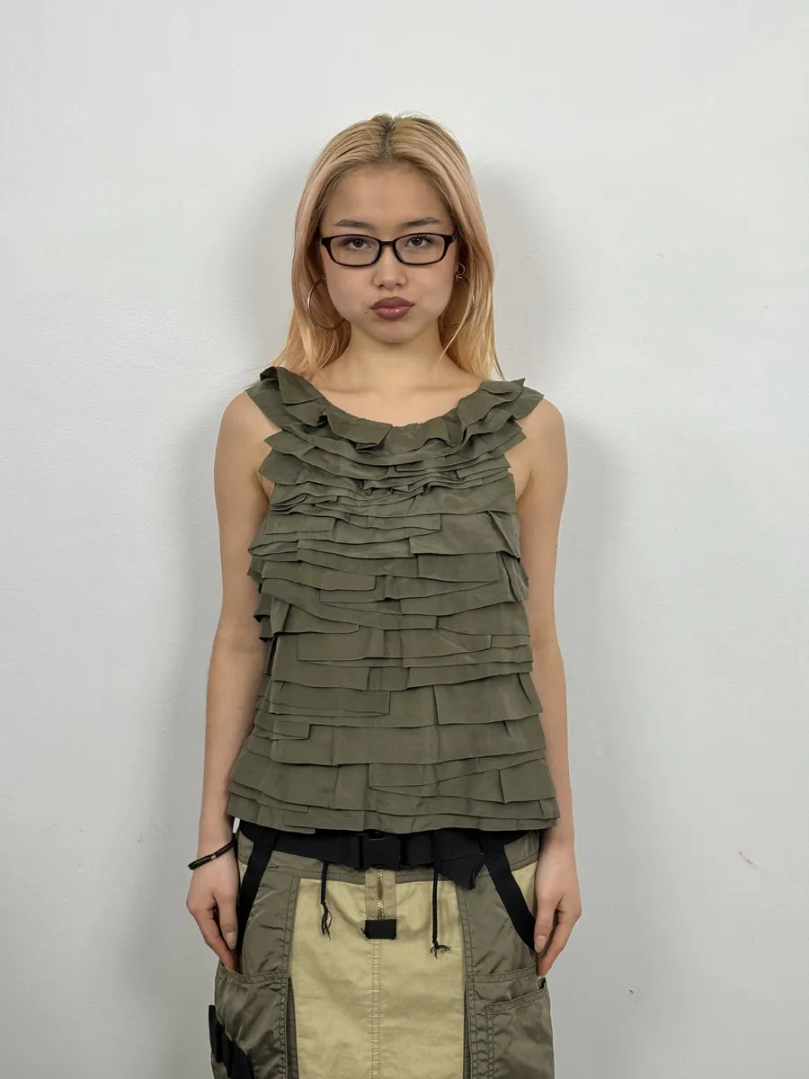 SS2006 Chloé Khaki Green Relief Silk Tank Top BYOEYKb 0