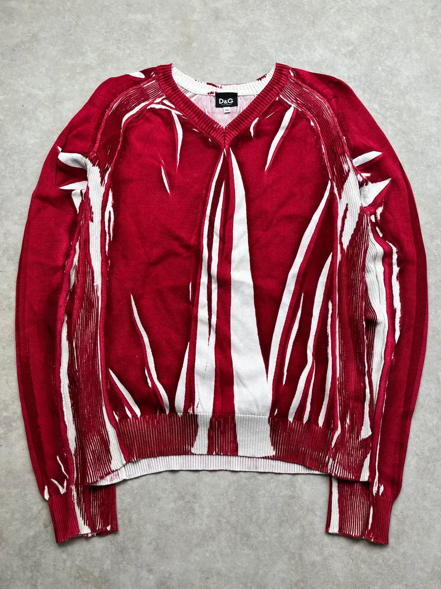 SS2006 Dolce & Gabbana Abstract Red & White V Neck Sweater dnLhgnh 0