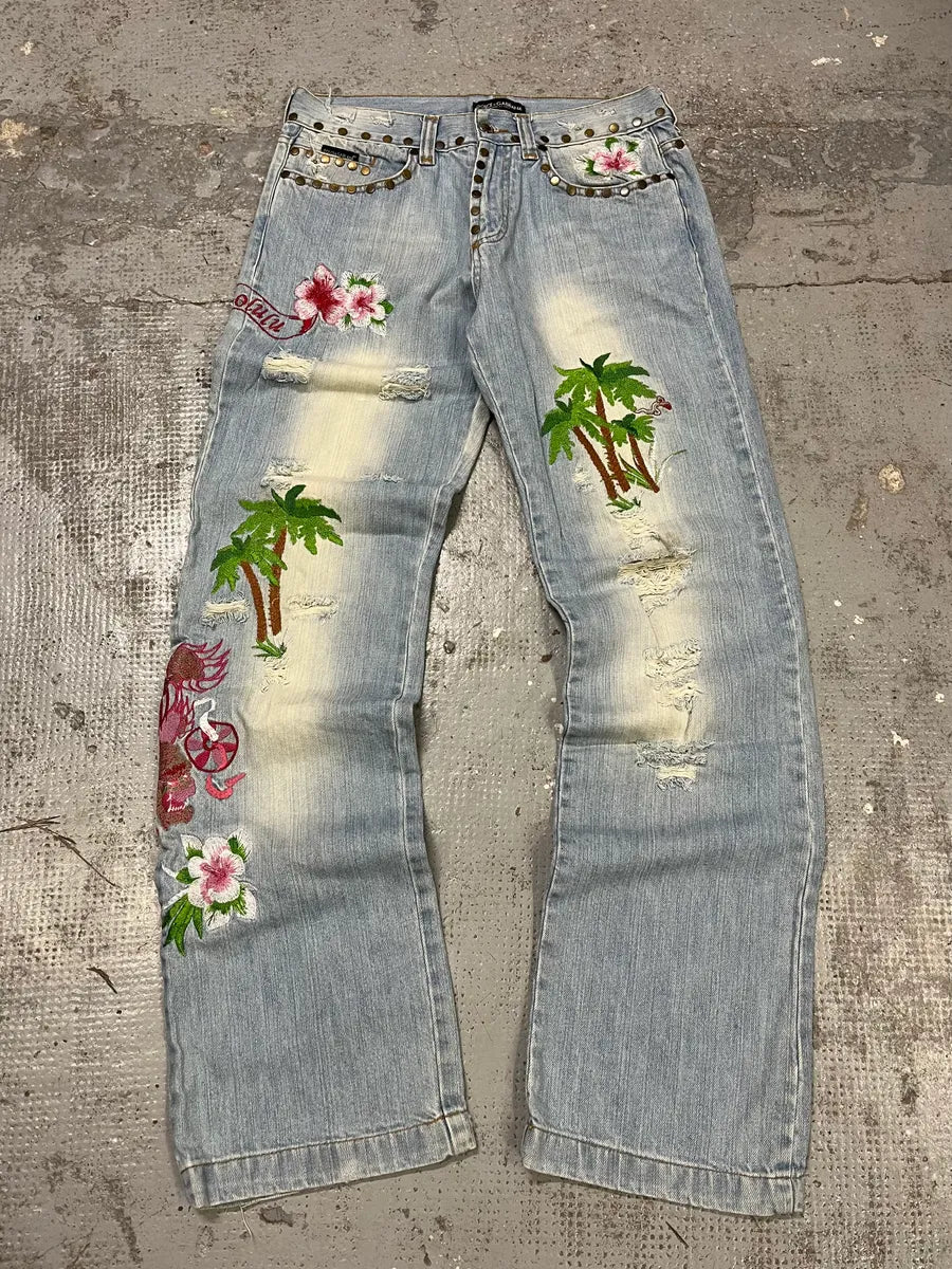 SS2006 Dolce & Gabbana Blue Embroidered Hawaii Denim Jeans KQsVmLq 0