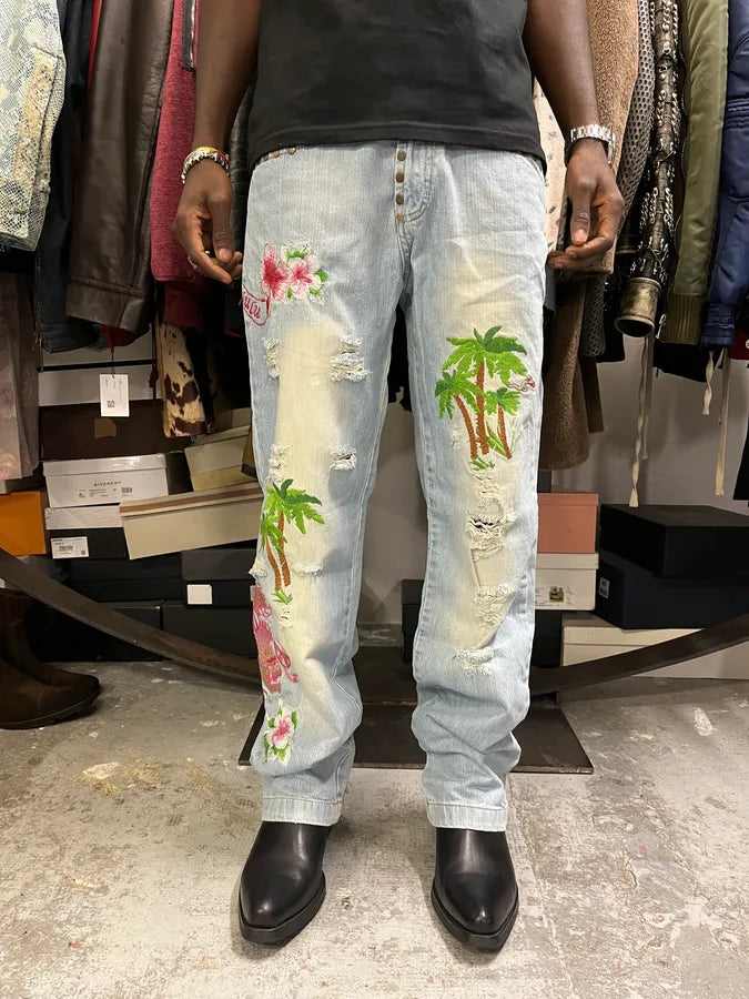 SS2006 Dolce & Gabbana Blue Embroidered Hawaii Denim Jeans KQsVmLq 1