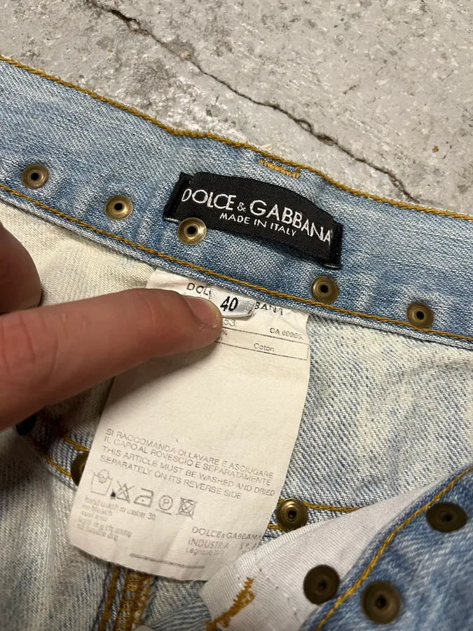 SS2006 Dolce & Gabbana Blue Embroidered Hawaii Denim Jeans KQsVmLq 11