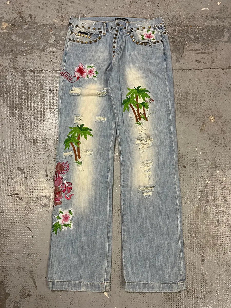 SS2006 Dolce & Gabbana Blue Embroidered Hawaii Denim Jeans KQsVmLq 2