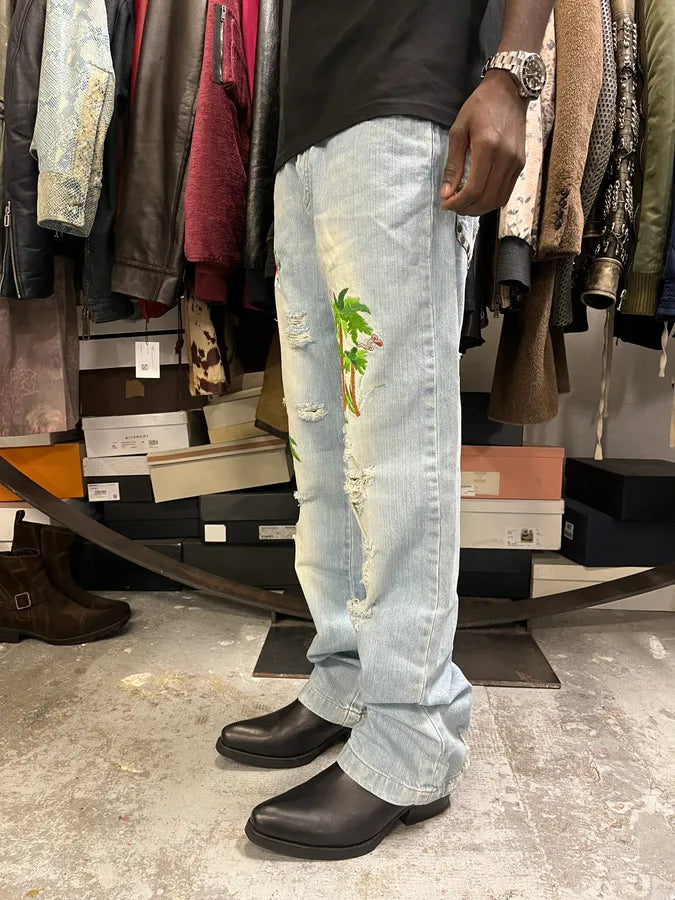 SS2006 Dolce & Gabbana Blue Embroidered Hawaii Denim Jeans KQsVmLq 3