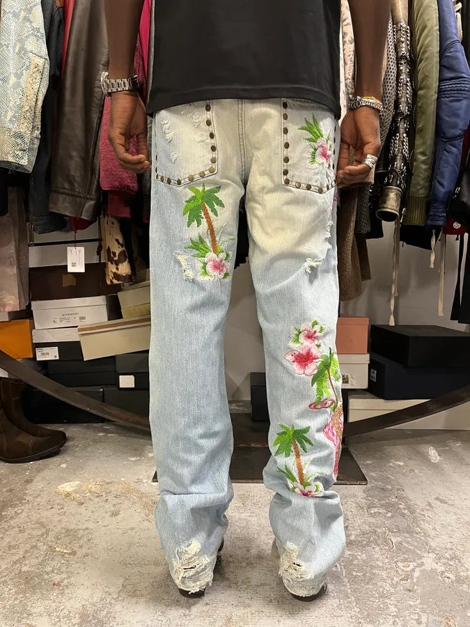 SS2006 Dolce & Gabbana Blue Embroidered Hawaii Denim Jeans KQsVmLq 4
