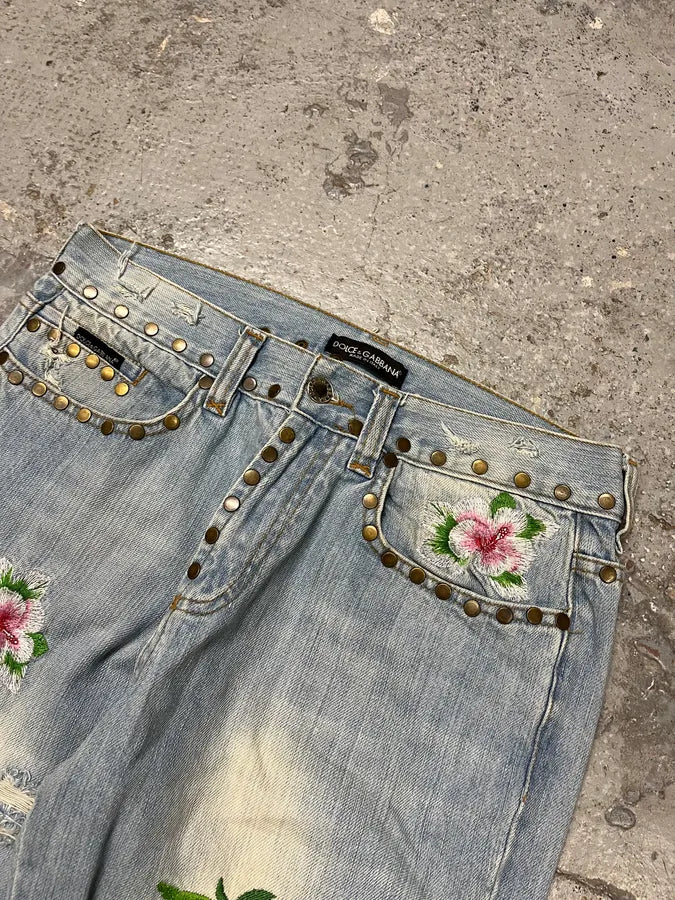 SS2006 Dolce & Gabbana Blue Embroidered Hawaii Denim Jeans KQsVmLq 5