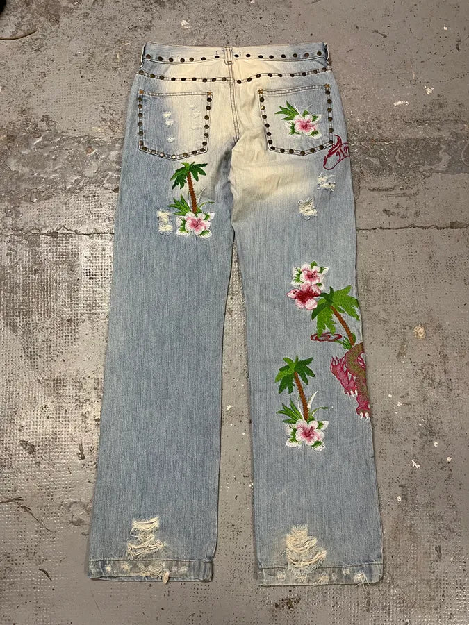 SS2006 Dolce & Gabbana Blue Embroidered Hawaii Denim Jeans KQsVmLq 7