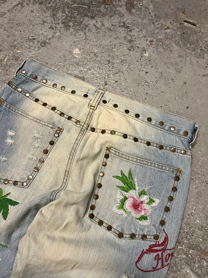 SS2006 Dolce & Gabbana Blue Embroidered Hawaii Denim Jeans KQsVmLq 8