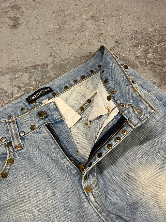 SS2006 Dolce & Gabbana Blue Embroidered Hawaii Denim Jeans KQsVmLq 9