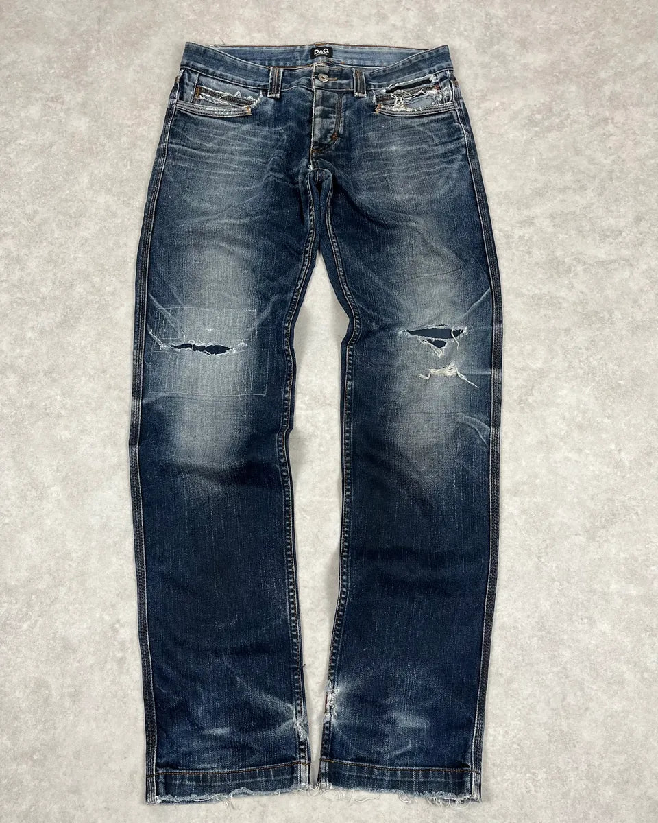 SS2006 Dolce & Gabbana Blue Faded Distressed Denim Jeans PVzPSUw 0