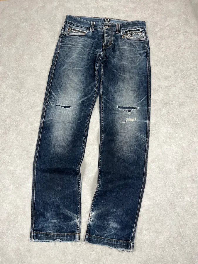 SS2006 Dolce & Gabbana Blue Faded Distressed Denim Jeans PVzPSUw 4