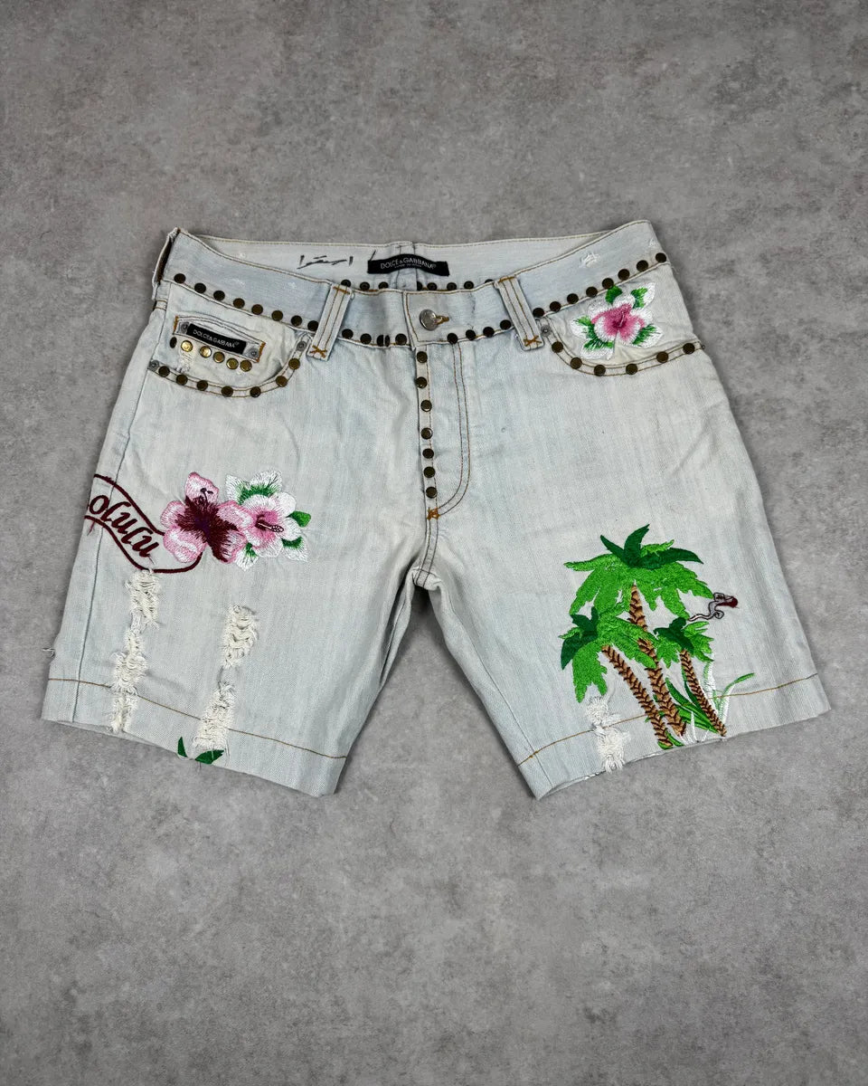SS2006 Dolce & Gabbana Blue Tropical Denim Shorts lwNUhGV 0