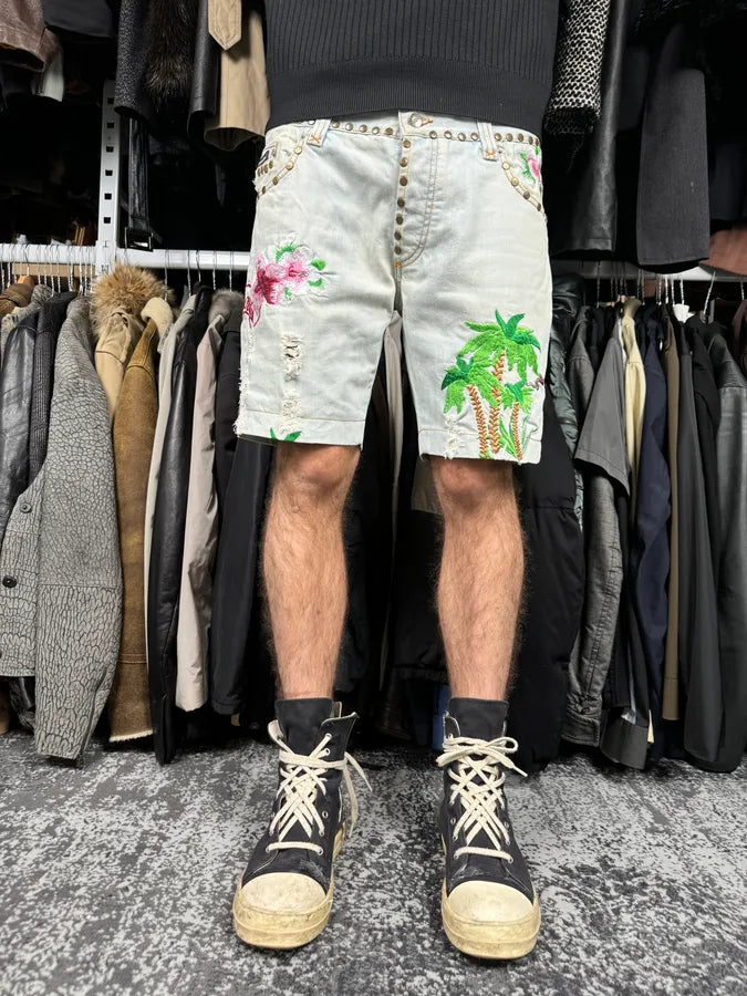SS2006 Dolce & Gabbana Blue Tropical Denim Shorts lwNUhGV 1