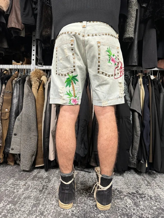 SS2006 Dolce & Gabbana Blue Tropical Denim Shorts lwNUhGV 3