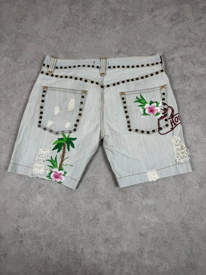 SS2006 Dolce & Gabbana Blue Tropical Denim Shorts lwNUhGV 4