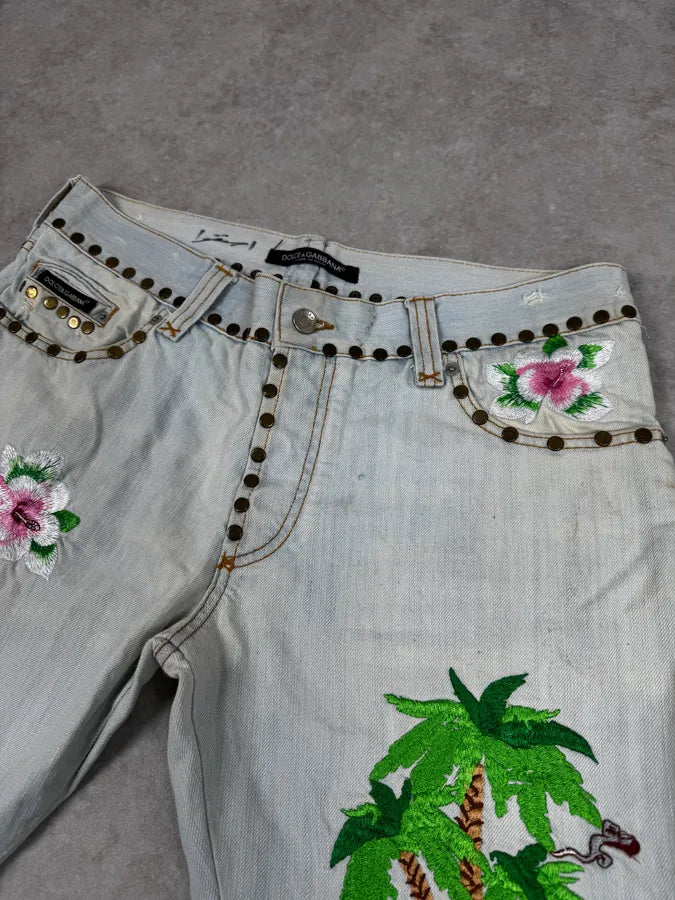 SS2006 Dolce & Gabbana Blue Tropical Denim Shorts lwNUhGV 5