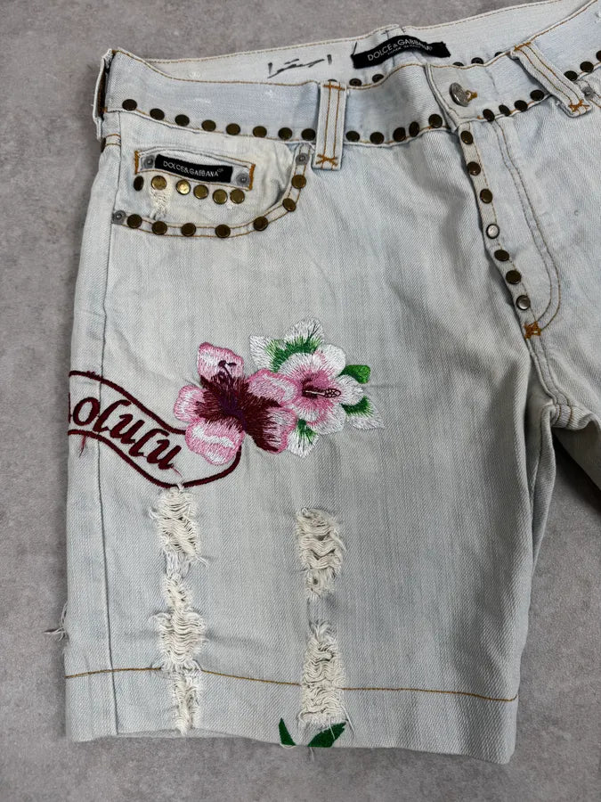 SS2006 Dolce & Gabbana Blue Tropical Denim Shorts lwNUhGV 7