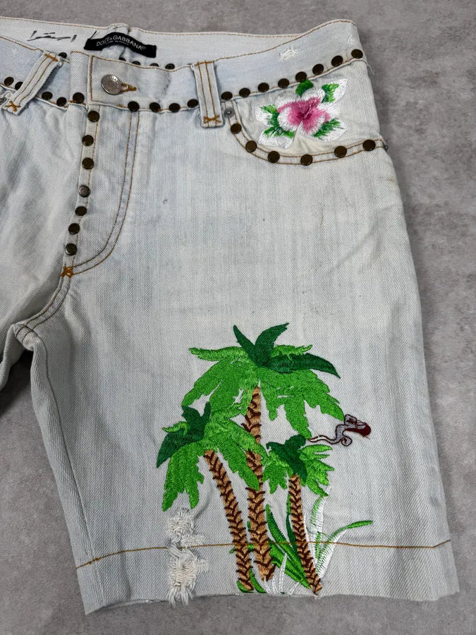 SS2006 Dolce & Gabbana Blue Tropical Denim Shorts lwNUhGV 8