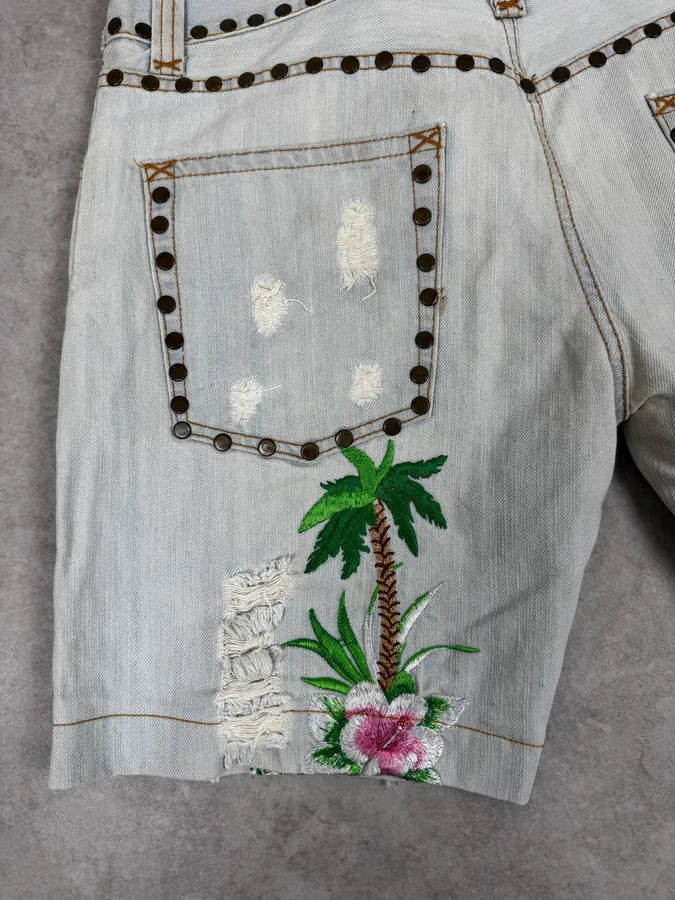 SS2006 Dolce & Gabbana Blue Tropical Denim Shorts lwNUhGV 9