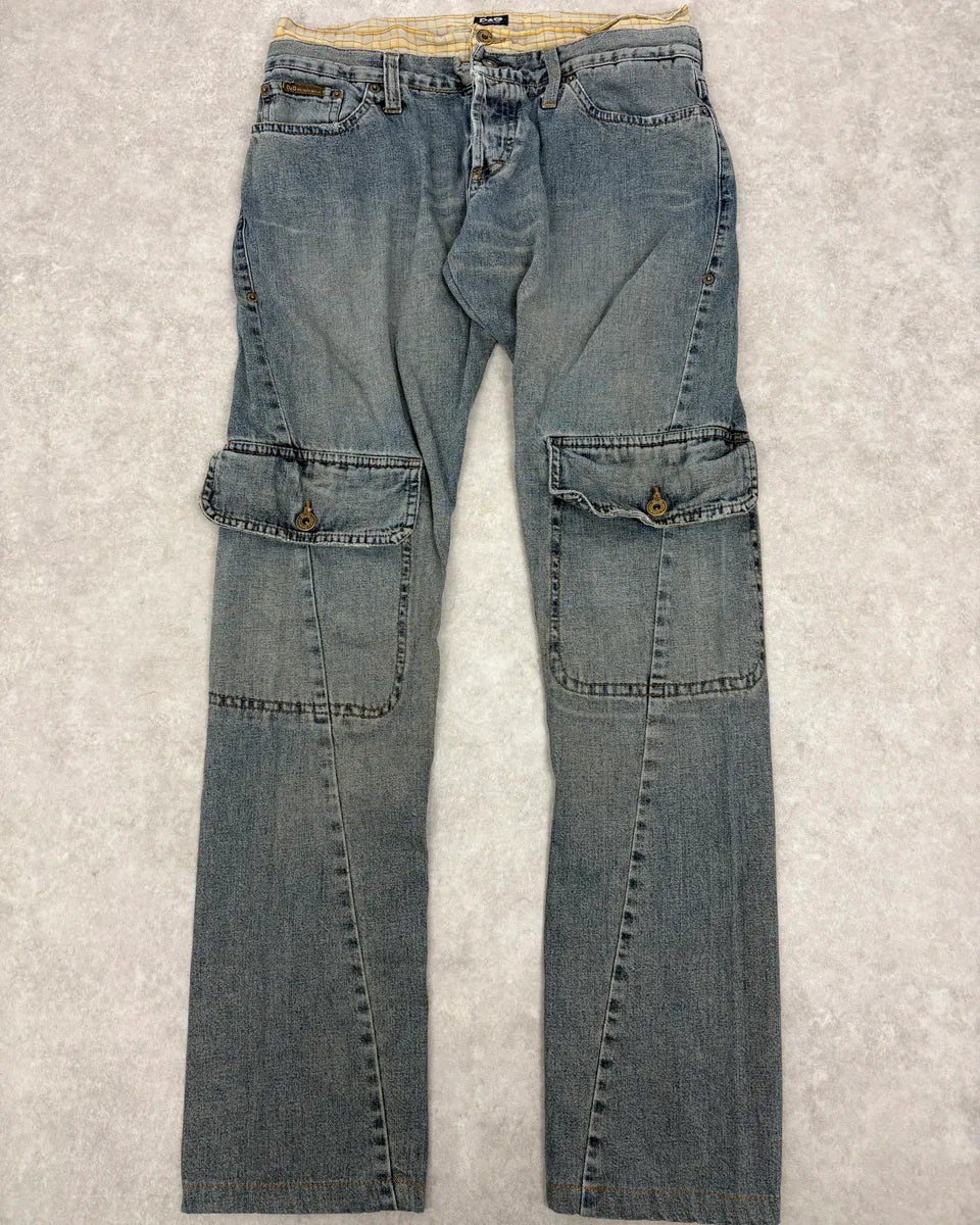SS2006 Dolce & Gabbana Double Layer Yellow Tartan Blue Denim Cargo Jeans yYBxcGU 0