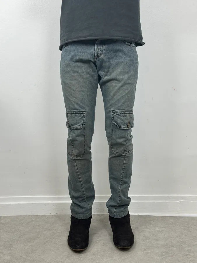 SS2006 Dolce & Gabbana Double Layer Yellow Tartan Blue Denim Cargo Jeans yYBxcGU 1