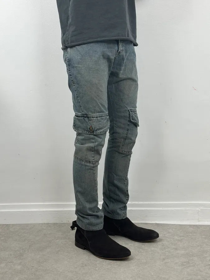 SS2006 Dolce & Gabbana Double Layer Yellow Tartan Blue Denim Cargo Jeans yYBxcGU 2