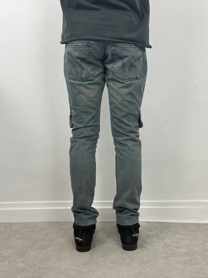 SS2006 Dolce & Gabbana Double Layer Yellow Tartan Blue Denim Cargo Jeans yYBxcGU 3